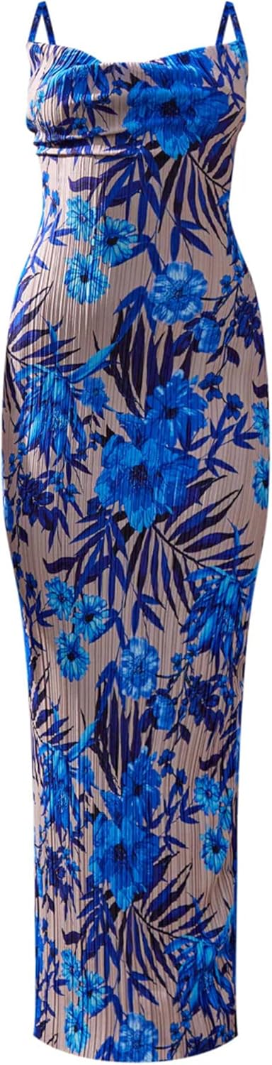 Cowl Neck Dress Sexy Strap Shoulder Pleated Maxi for Women