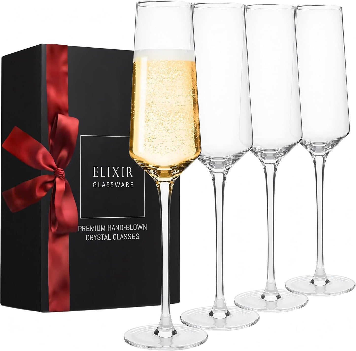 Elegant Hand Blown Crystal Champagne Flutes - Set of 4