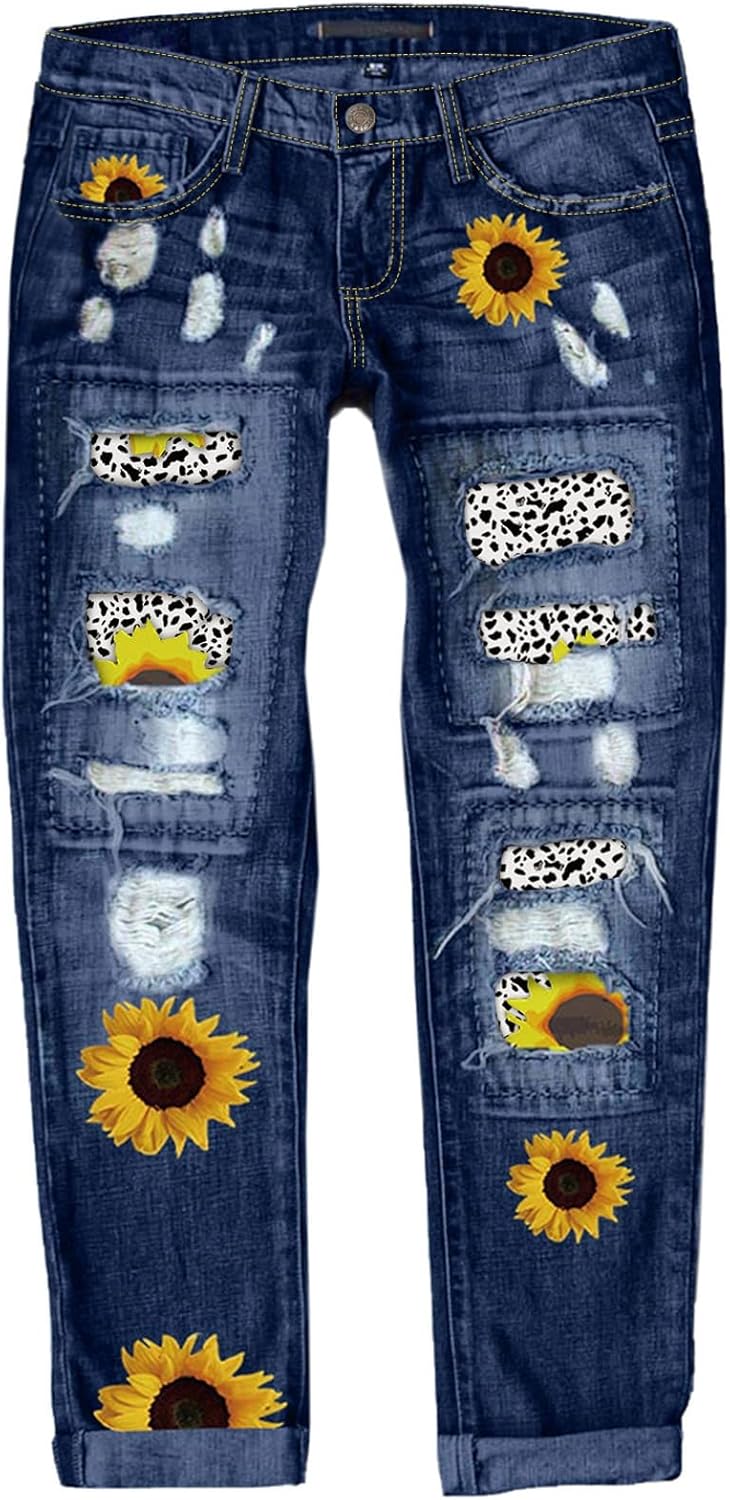 Astylish Womens Plaid Patch Ripped Boyfriend Distressed Jeans