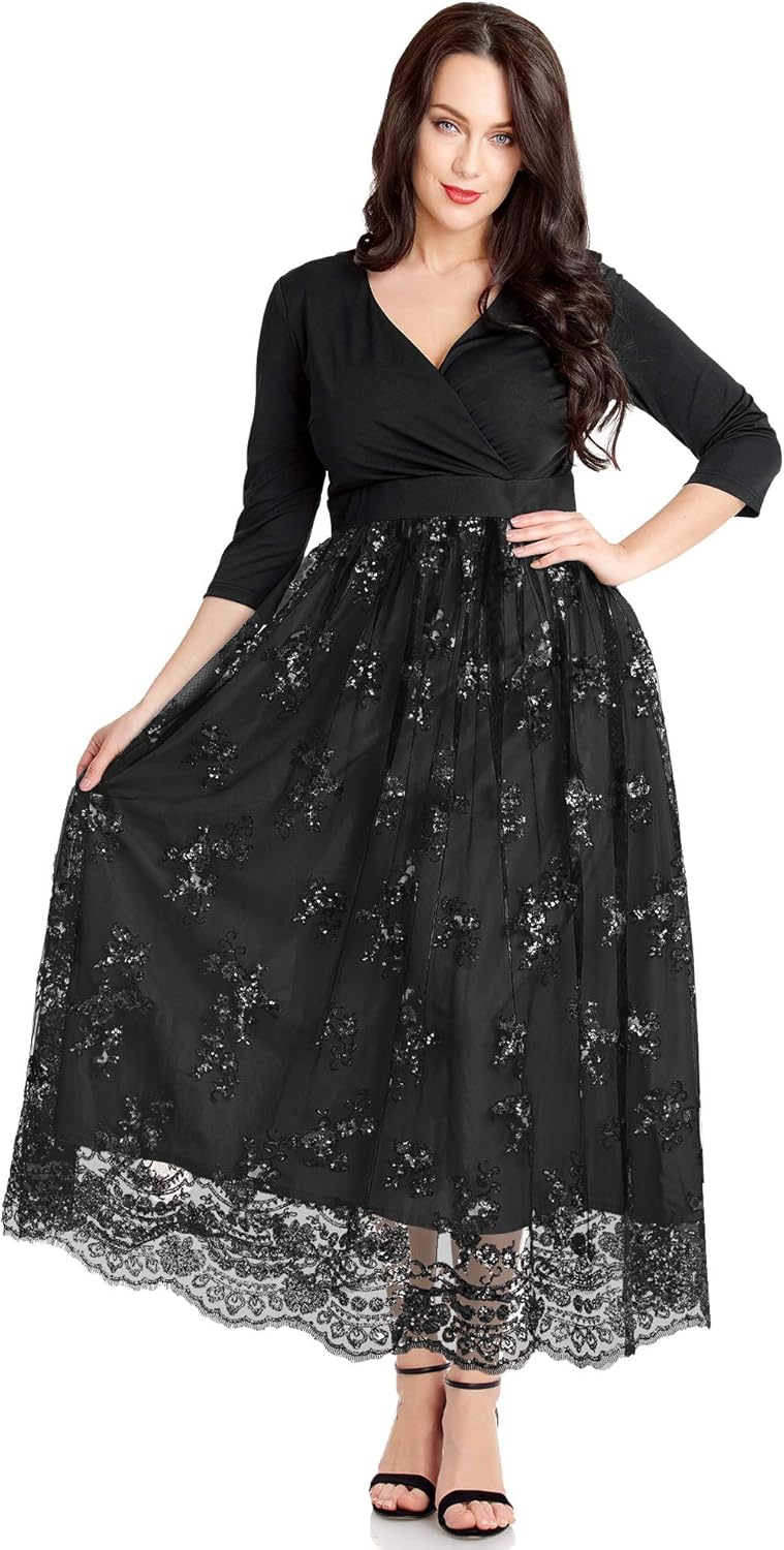 GRAPENT Women's Plus Size Sequin 3/4 Sleeves Evening Gown