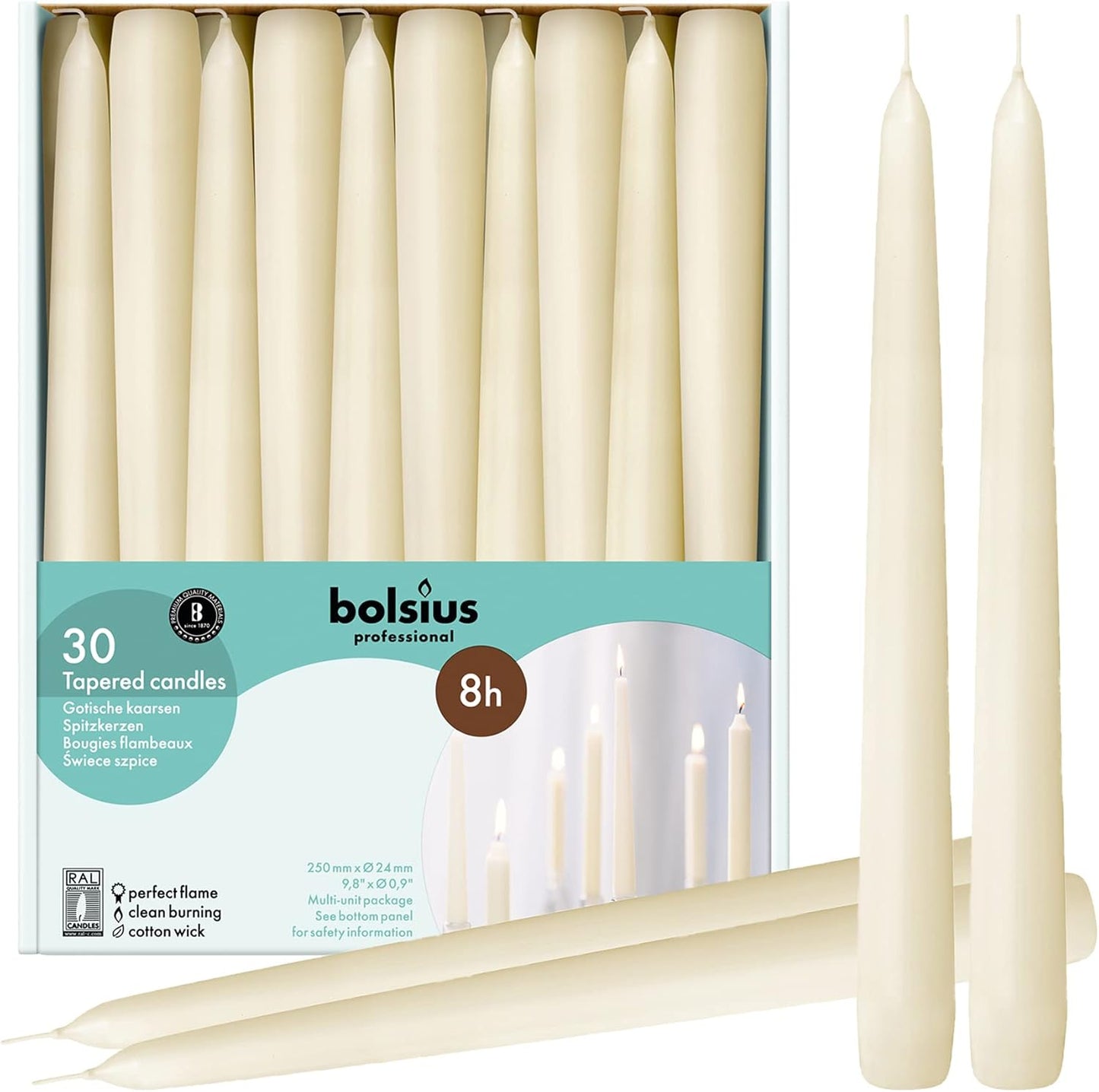 BOLSIUS 30 Count Ivory Taper Candles - 10 Inch Premium Quality