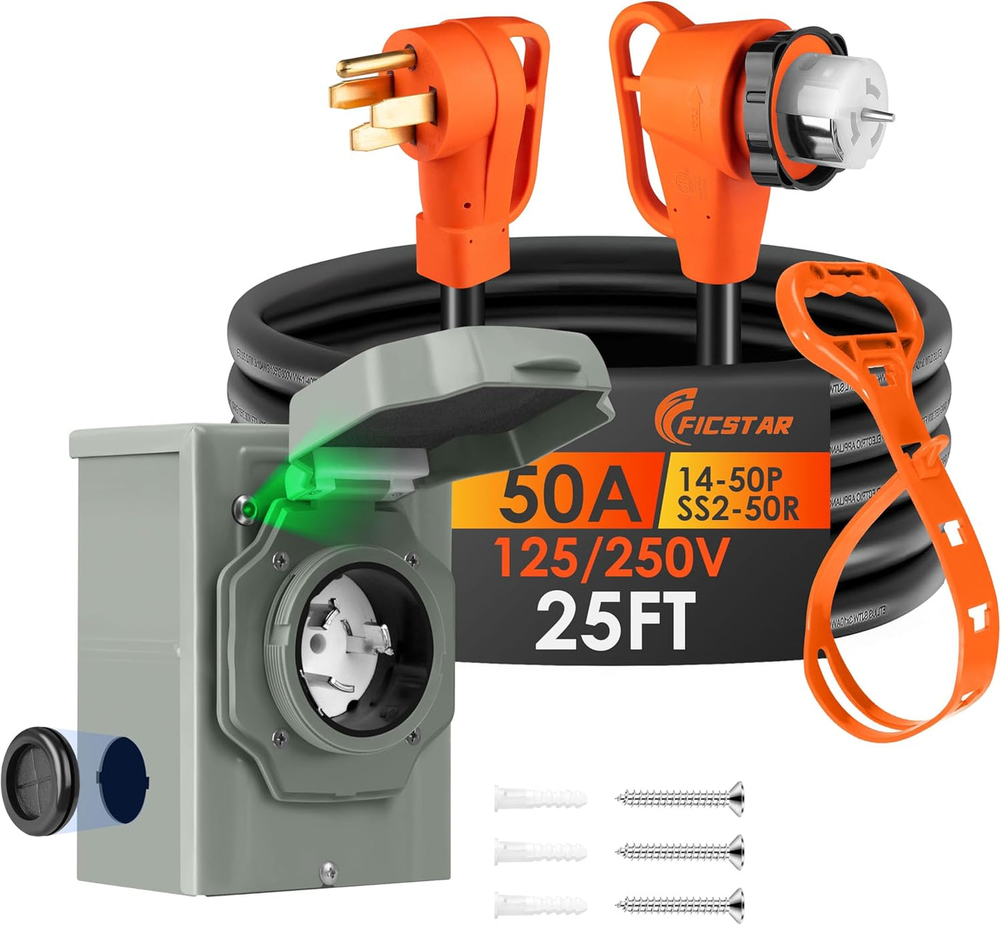 25FT 50 Amp Generator Cord and Inlet Box Kit for Power Needs