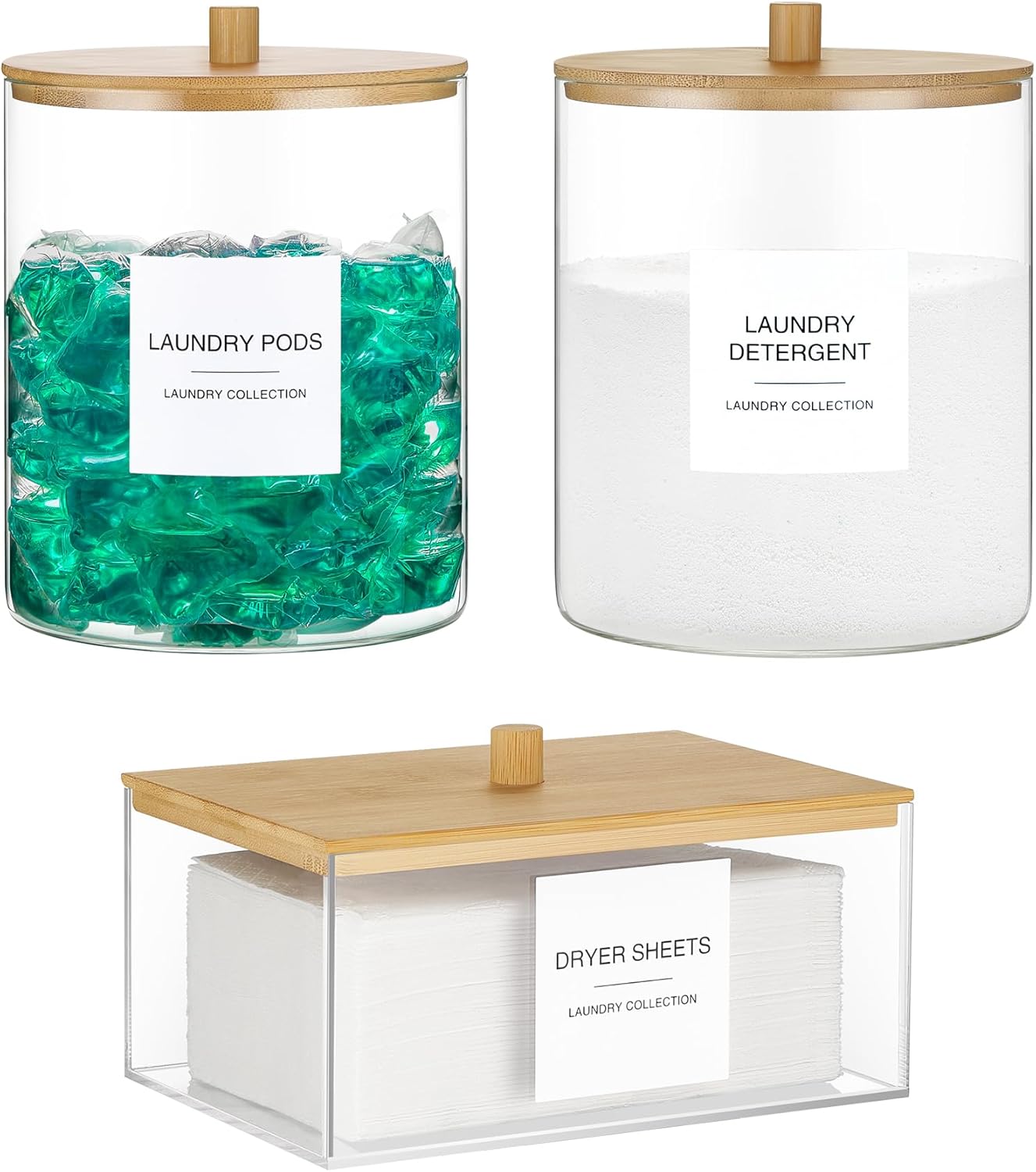 Glass Jars and Acrylic Dryer Sheet Holder for Laundry Pods