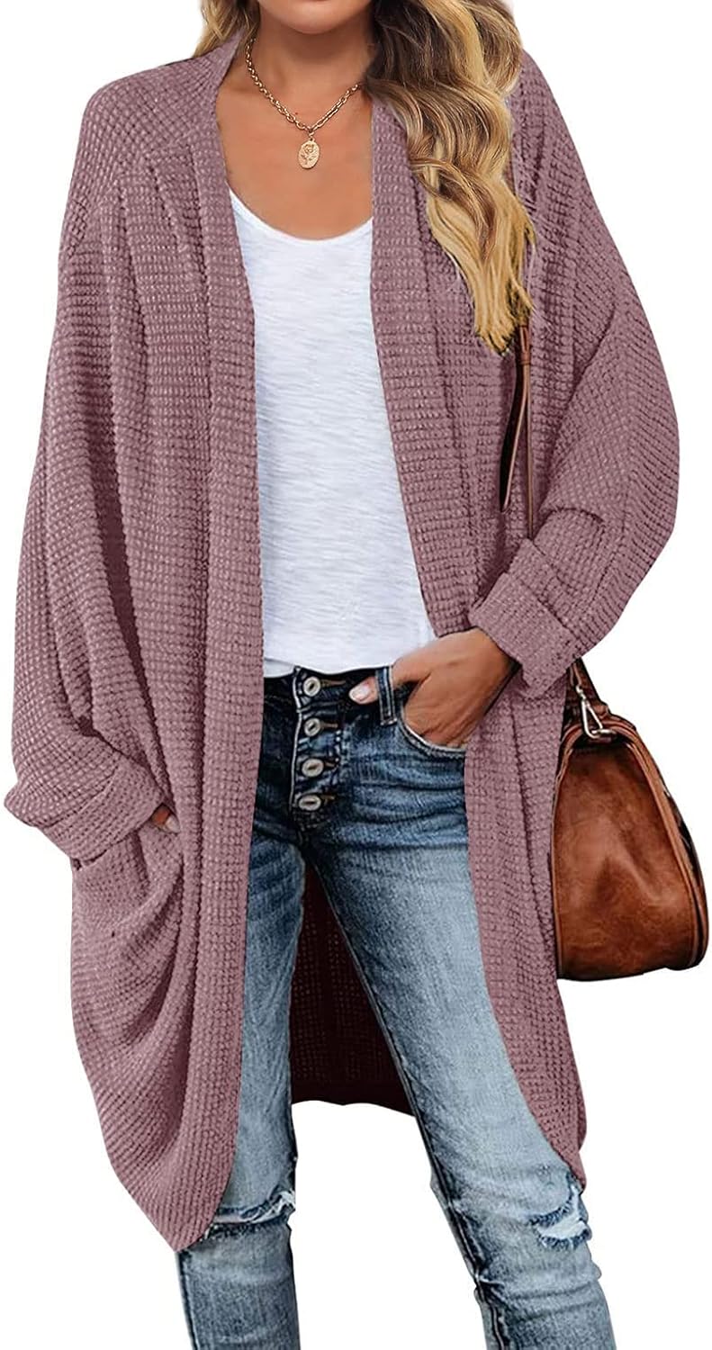 Stylish Women's Waffle Knit Batwing Cardigan for Fall Wear