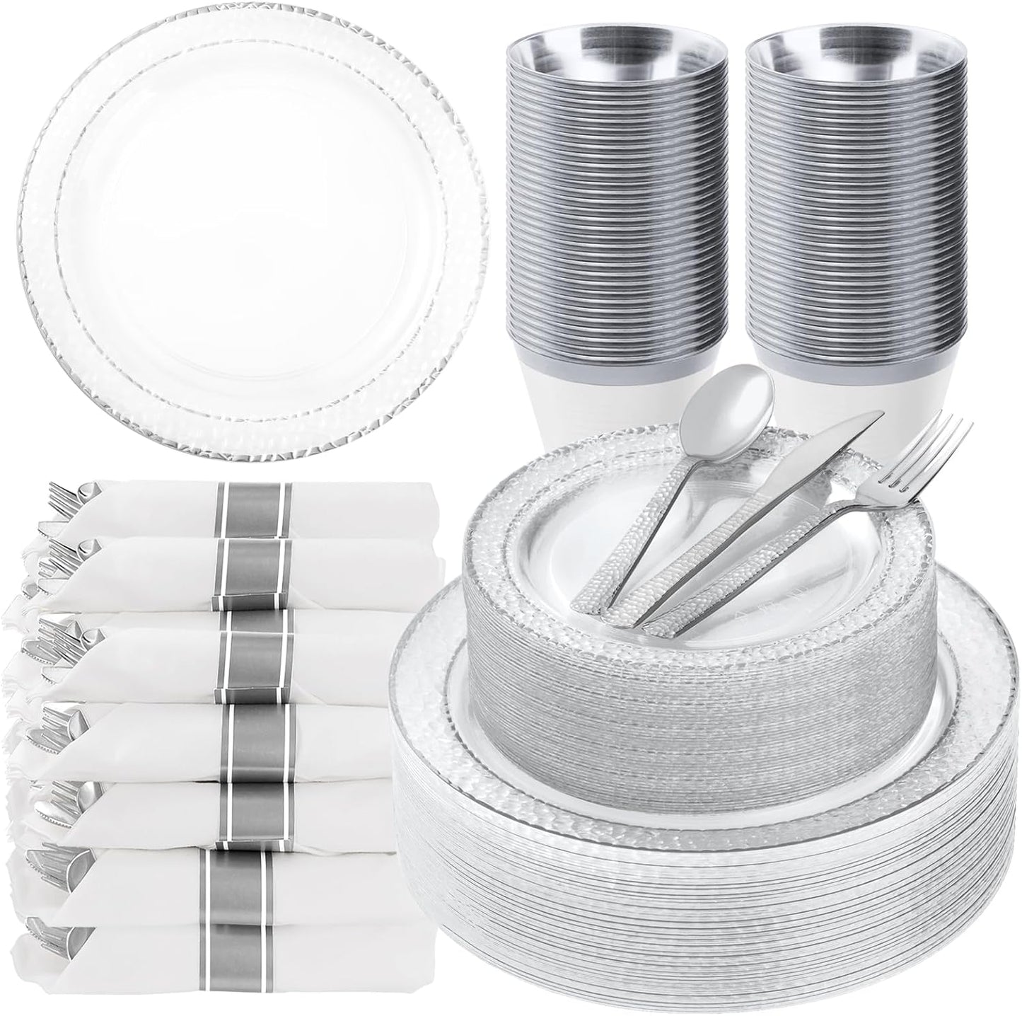 350PCS Clear Plastic Plates with Silver Trim for Elegant Events
