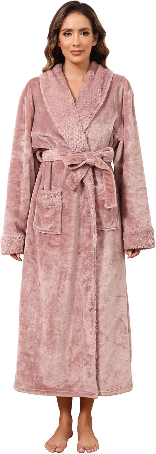 Hellomamma Long Bath Robe for Women Plush Soft Fleece Comfort