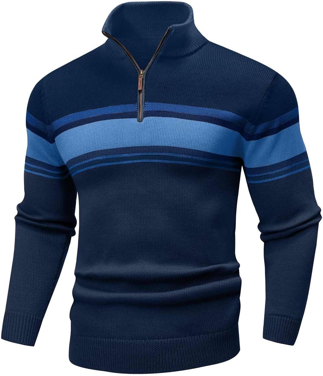 Mens Quarter Zip Sweater Casual Striped Long Sleeve Pullover