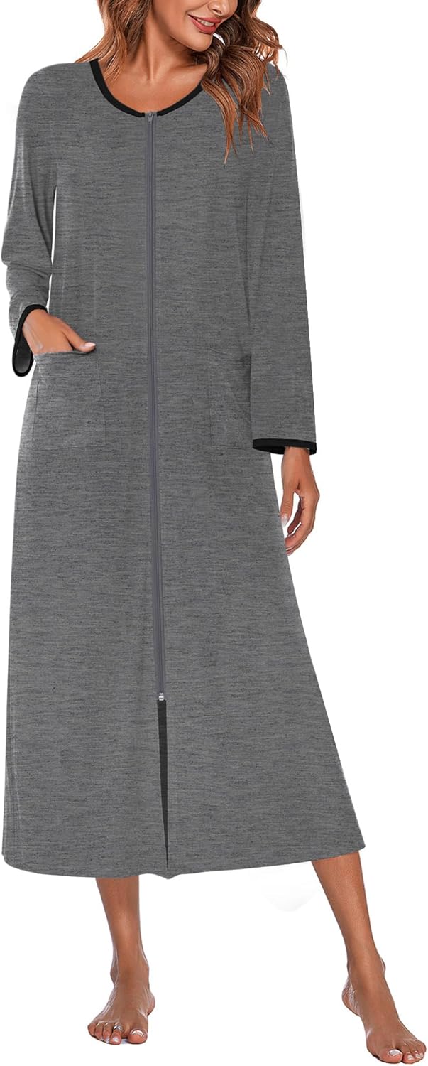 Ekouaer Women Long House Coat Zipper Front Robes with Pockets