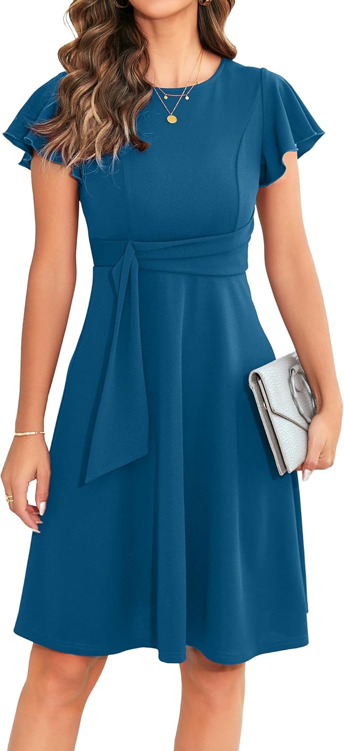 OWIN Womens Elegant Ruffle Sleeve Flared A Line Swing Dress