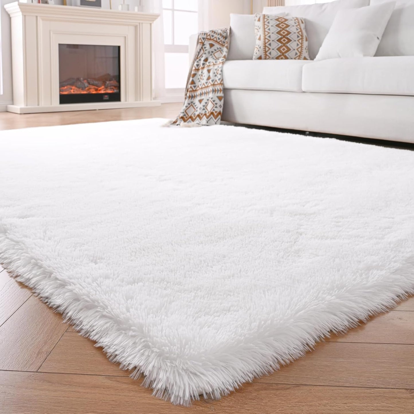 White Area Rug for Living Room - Fluffy Shag Carpet 5x8