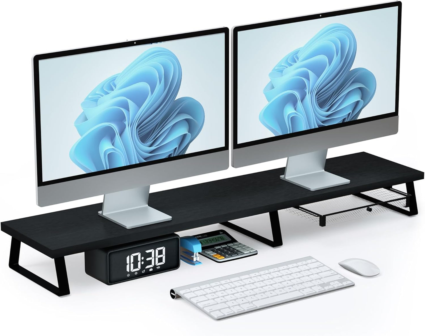 Wood Dual Monitor Stand Riser for 2 Monitors - Black