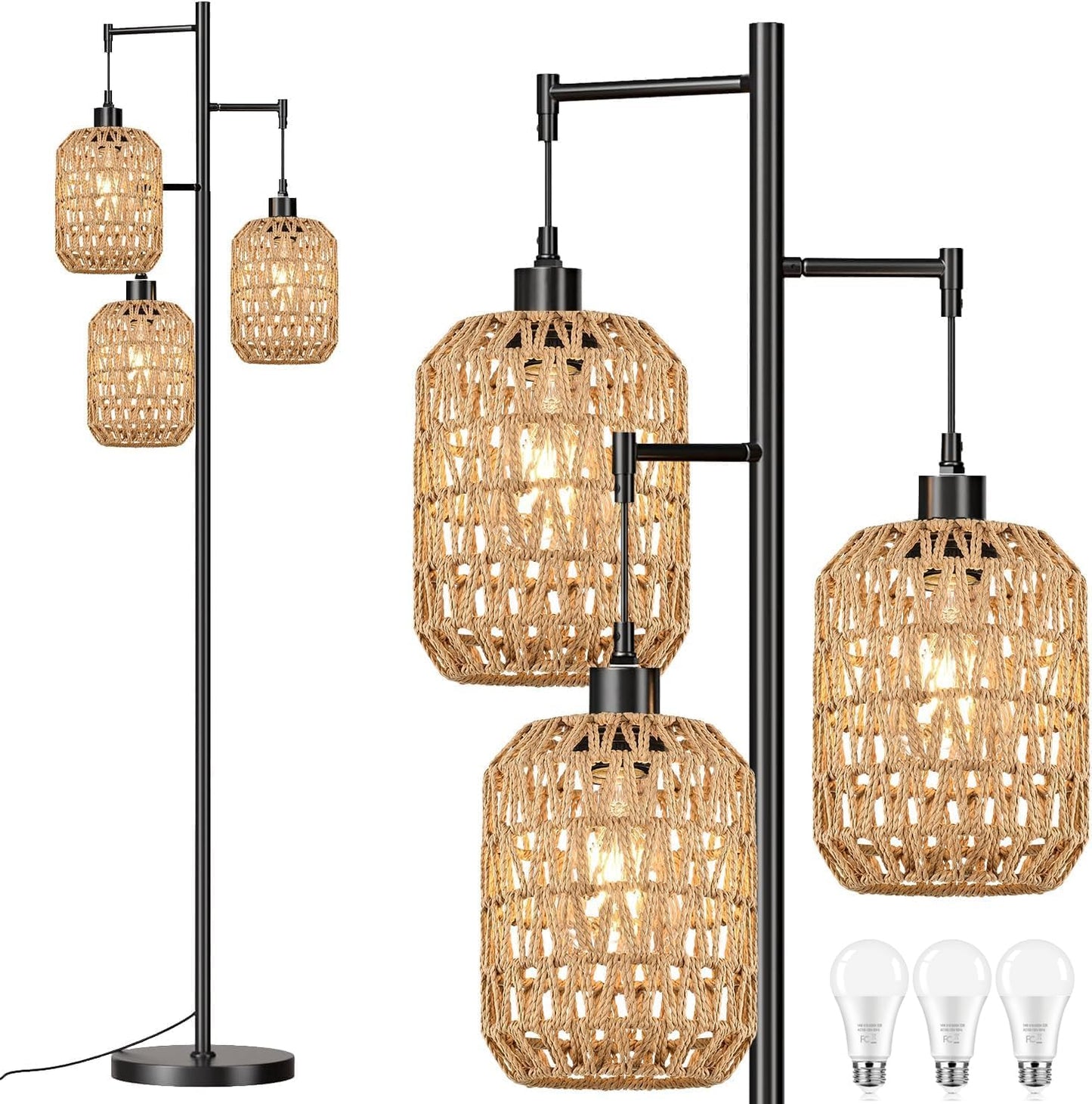 Boho Rattan Tree 3 Light Floor Lamp for Living Room and Bedroom