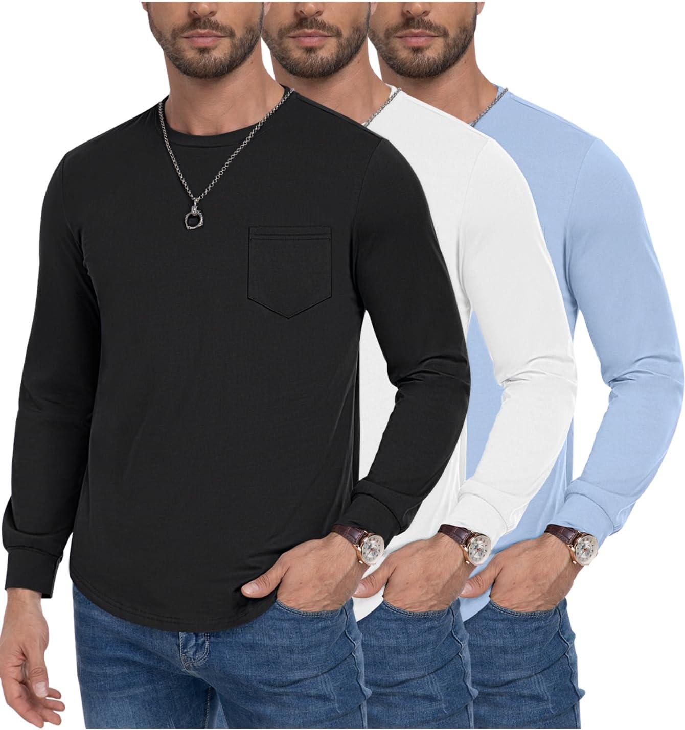 Men's Long Sleeve Pure Cotton T-Shirt 3 Pack for Casual Wear