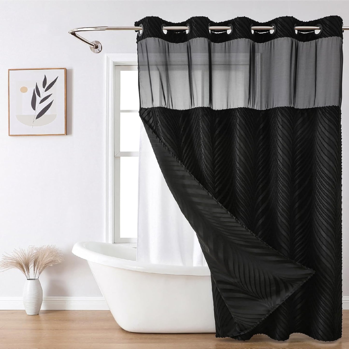 Boho Style No Hook Shower Curtain and Liner Set for Bathroom