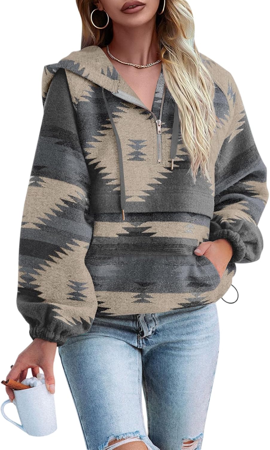 Fessceruna Womens Aztec Half Zip Up Hoodies for Cozy Style