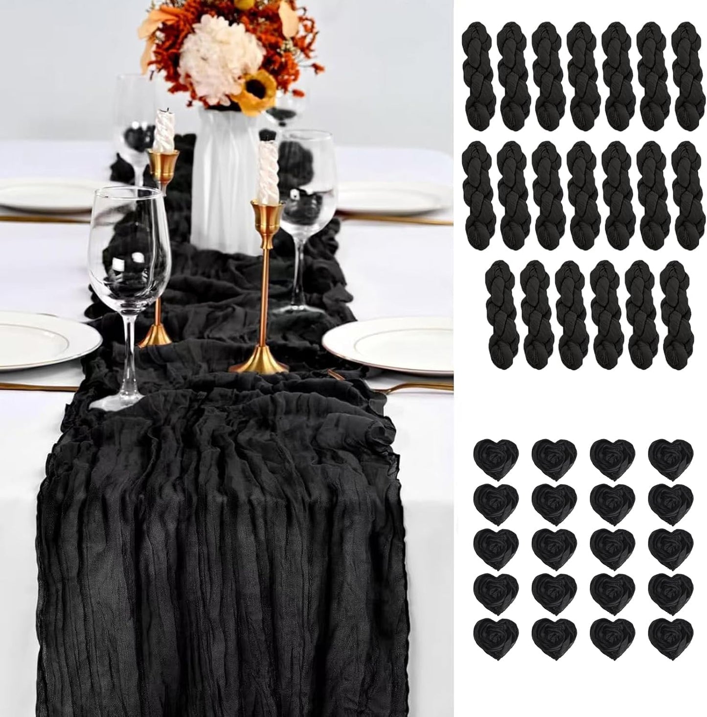 20 PCS Black Cheesecloth Table Runner with Napkins for Events