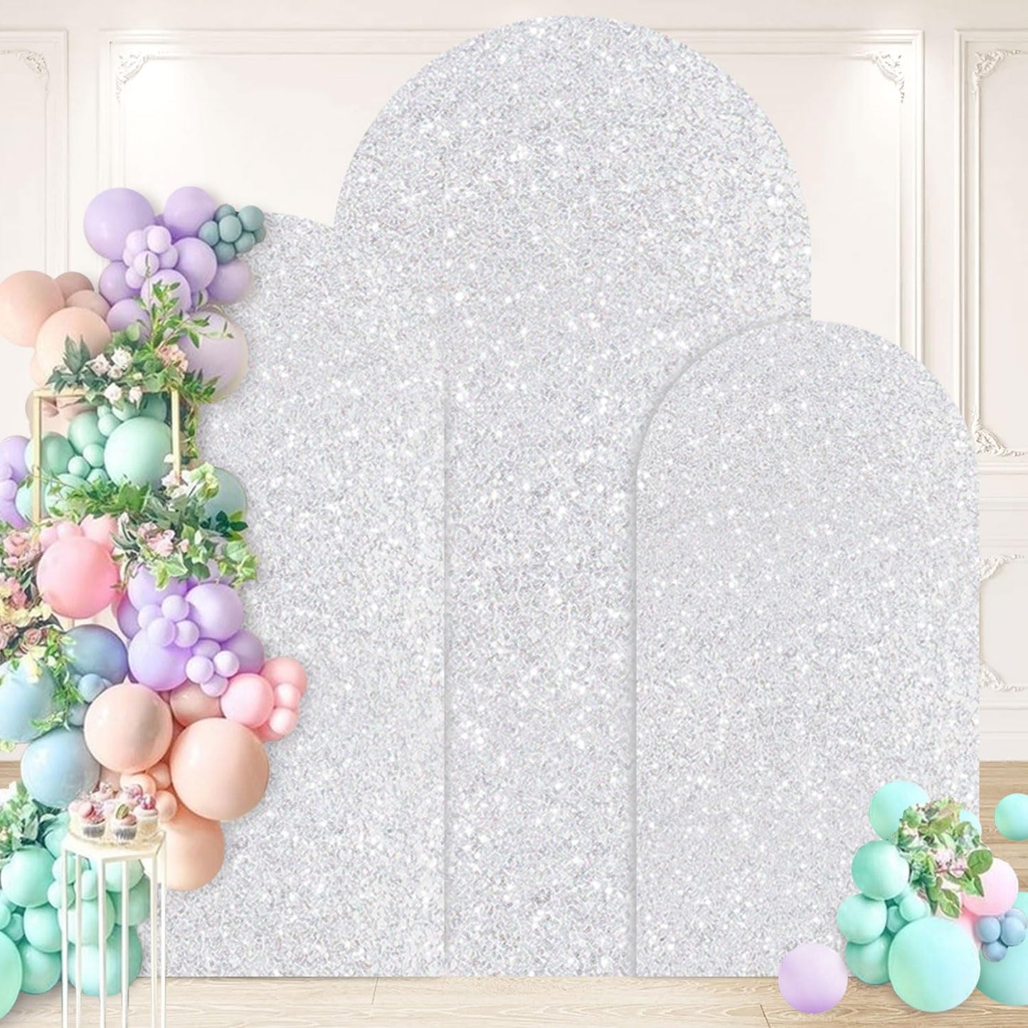 Silver Wedding Arch Set - Elegant 6FT, 5FT, 4FT Backdrop Covers