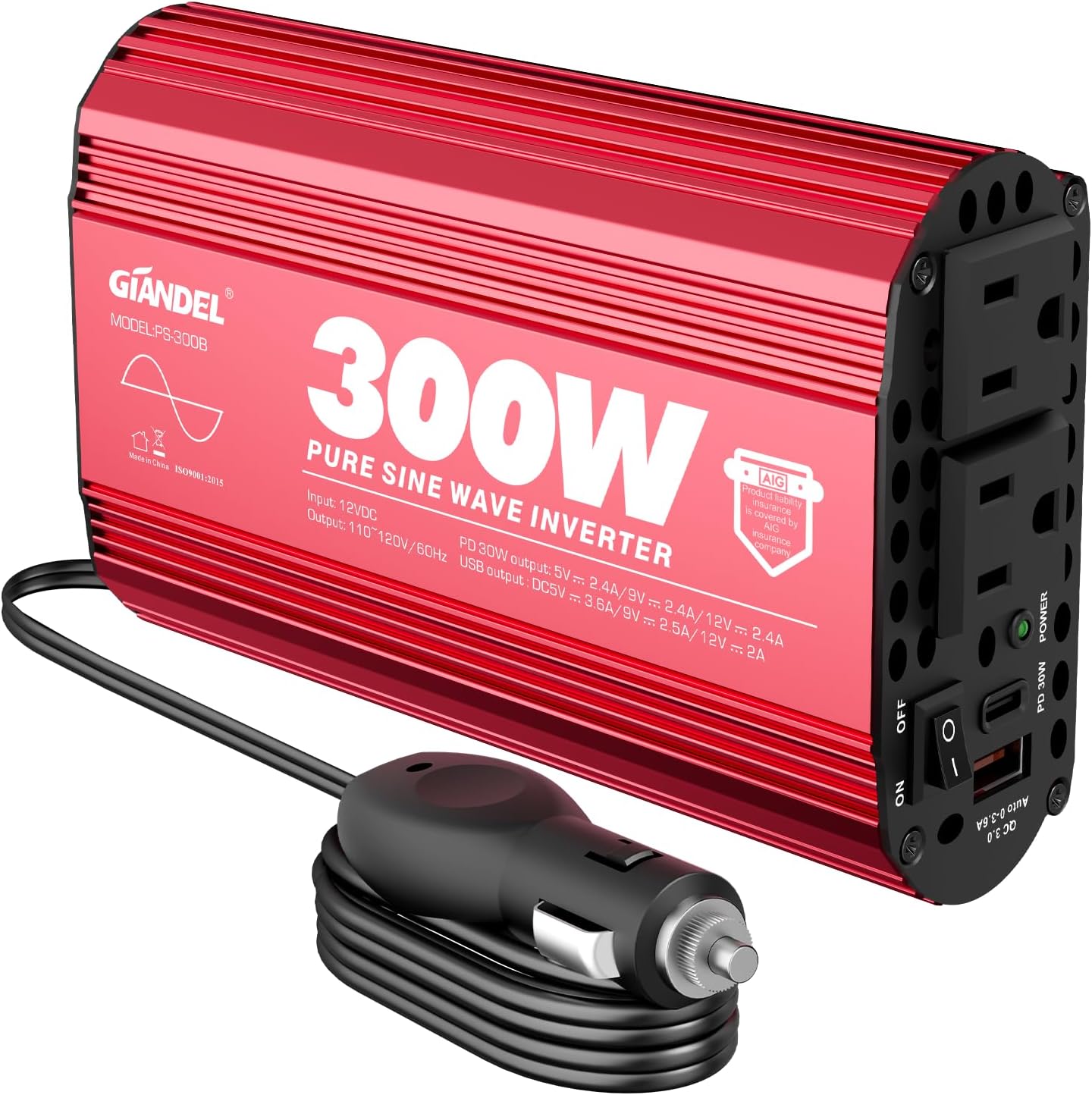 300Watt Pure Sine Wave Power Inverter for Car with Dual USB