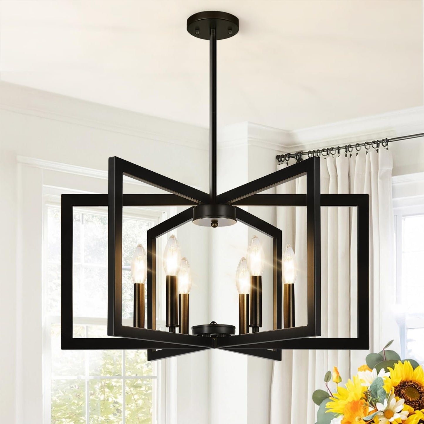 25-Inch Modern Black Chandelier for Dining Room Lighting