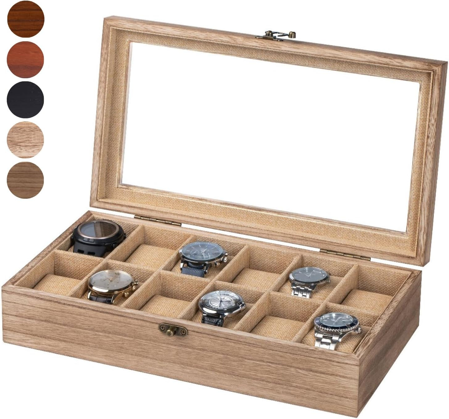 Watch Box Organizer with Large Glass Lid for 12 Watches