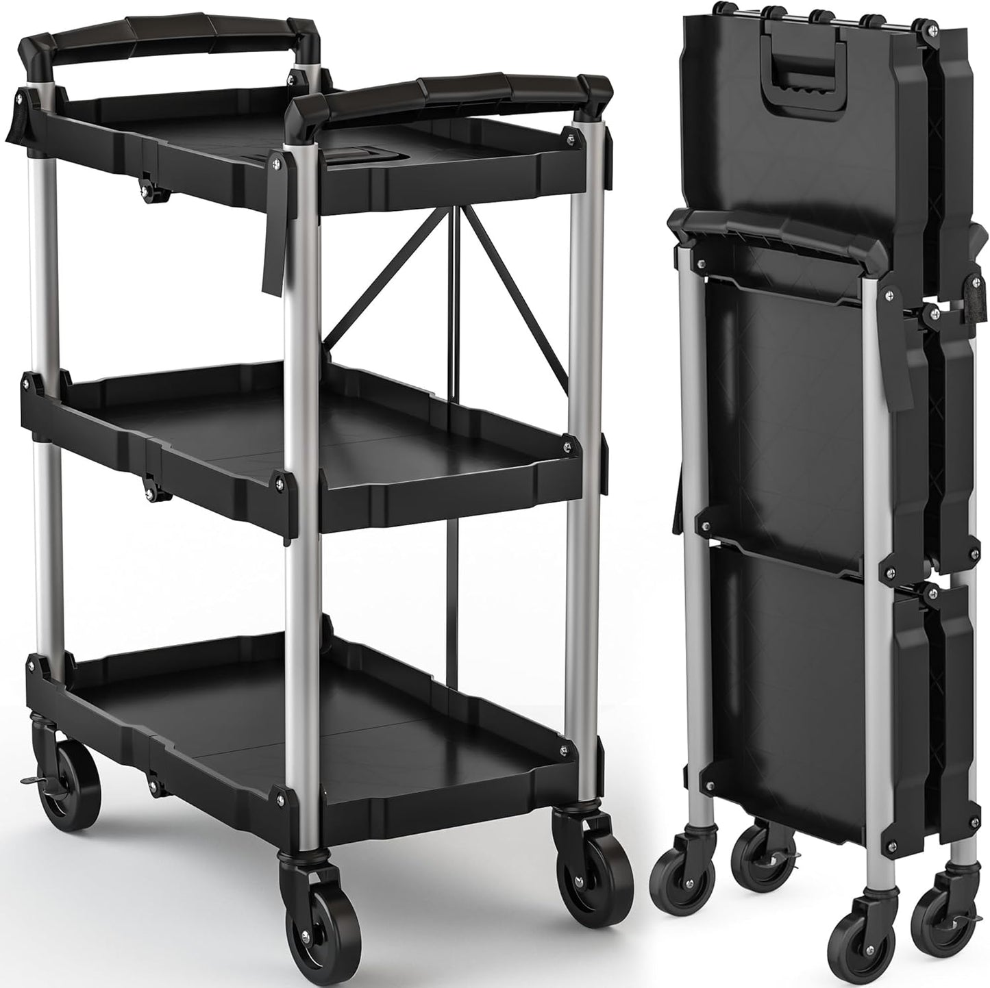 DWVO Folding Utility Carts: Heavy Duty 3-Tier Rolling Cart
