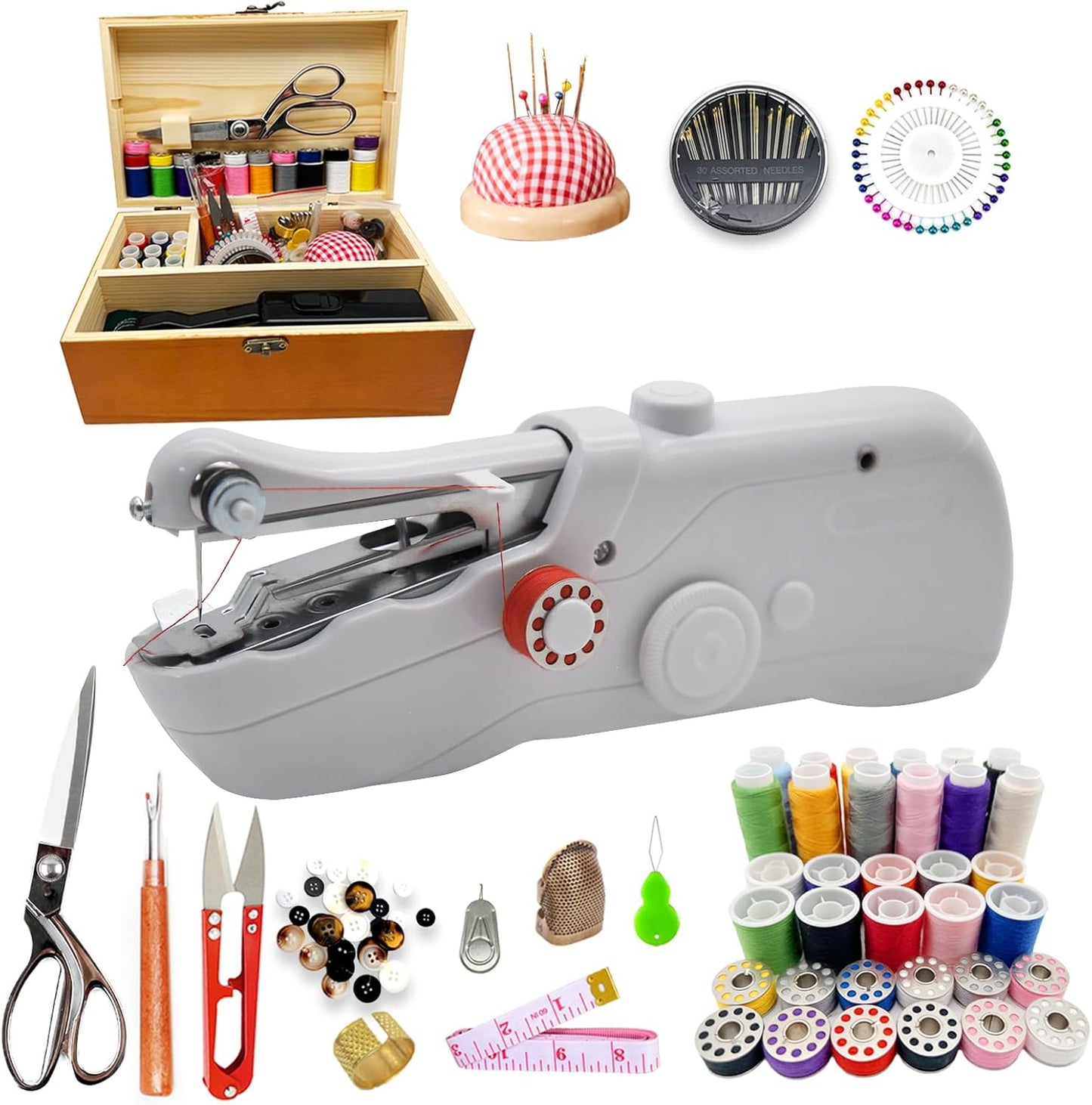 Handheld Sewing Machine with Wooden Box & 142-Piece Kit