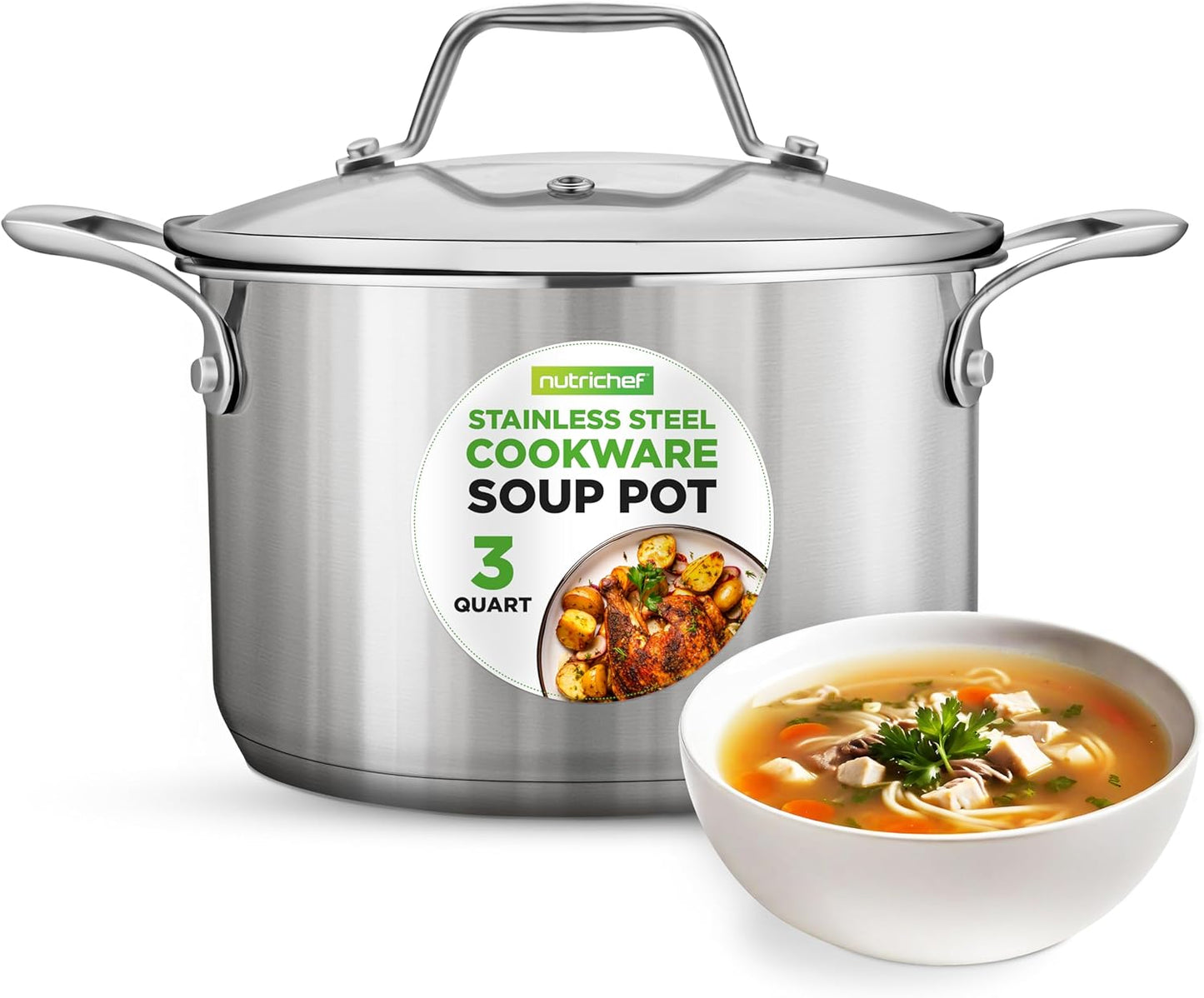 NutriChef 3-Quart Stainless Steel Pot with Glass Lid for Cooking