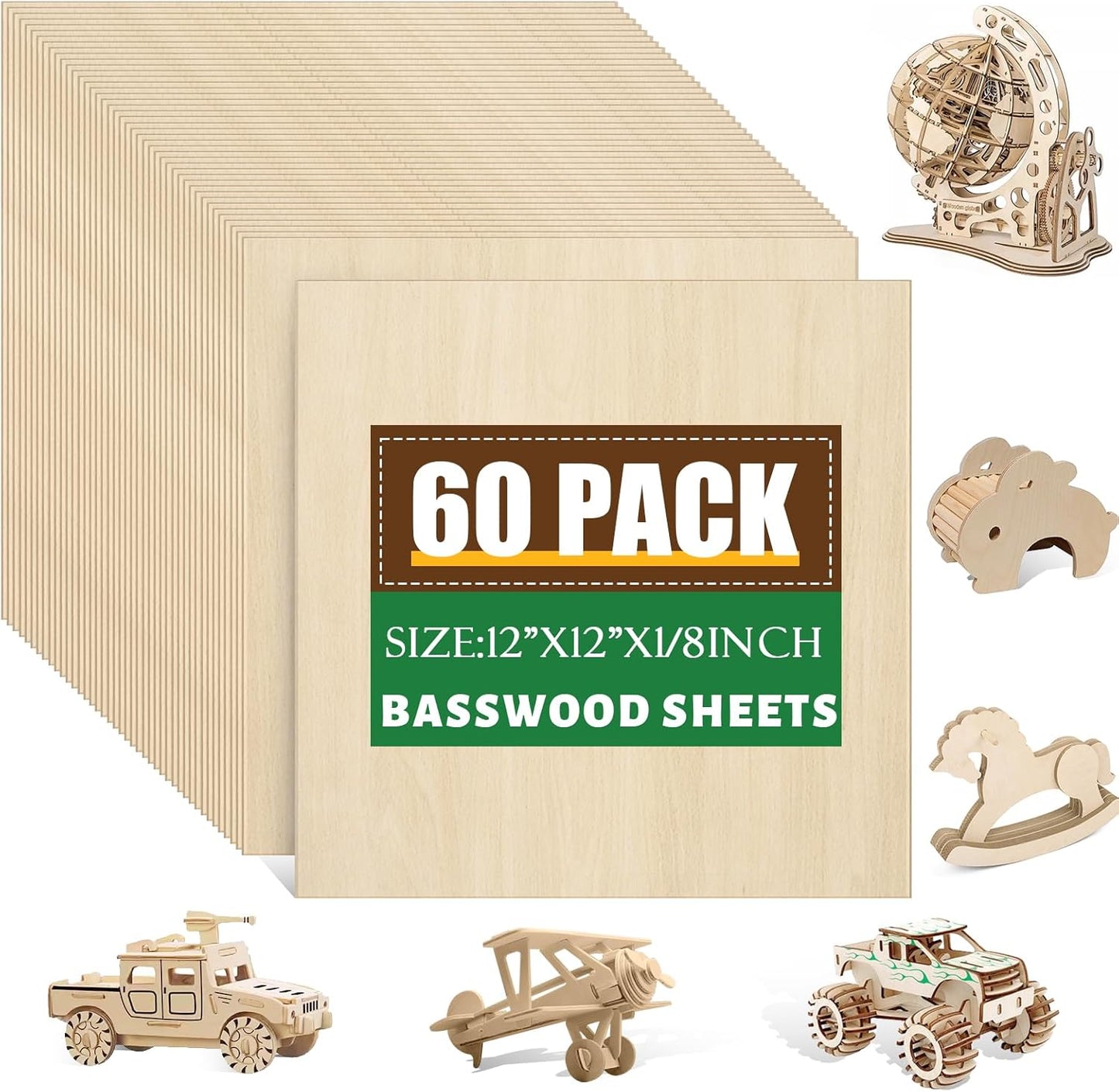 60 Pack Basswood Sheets for Crafts, Unfinished Wood for DIY