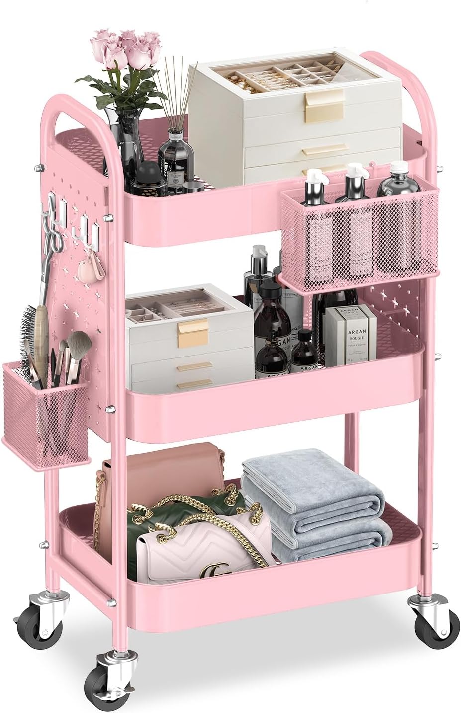 ALVOROG 3 Tier Rolling Cart with Pegboards for Versatile Storage