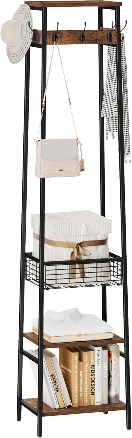 Coat Rack Freestanding with Metal Basket and Storage Shelves