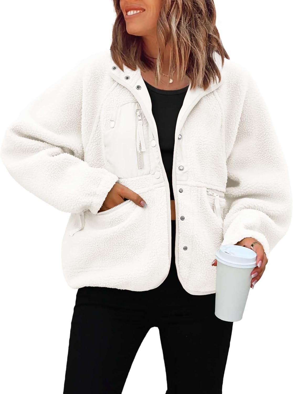 ReachMe Womens Sherpa Jacket Casual Fuzzy Fleece Winter Coat