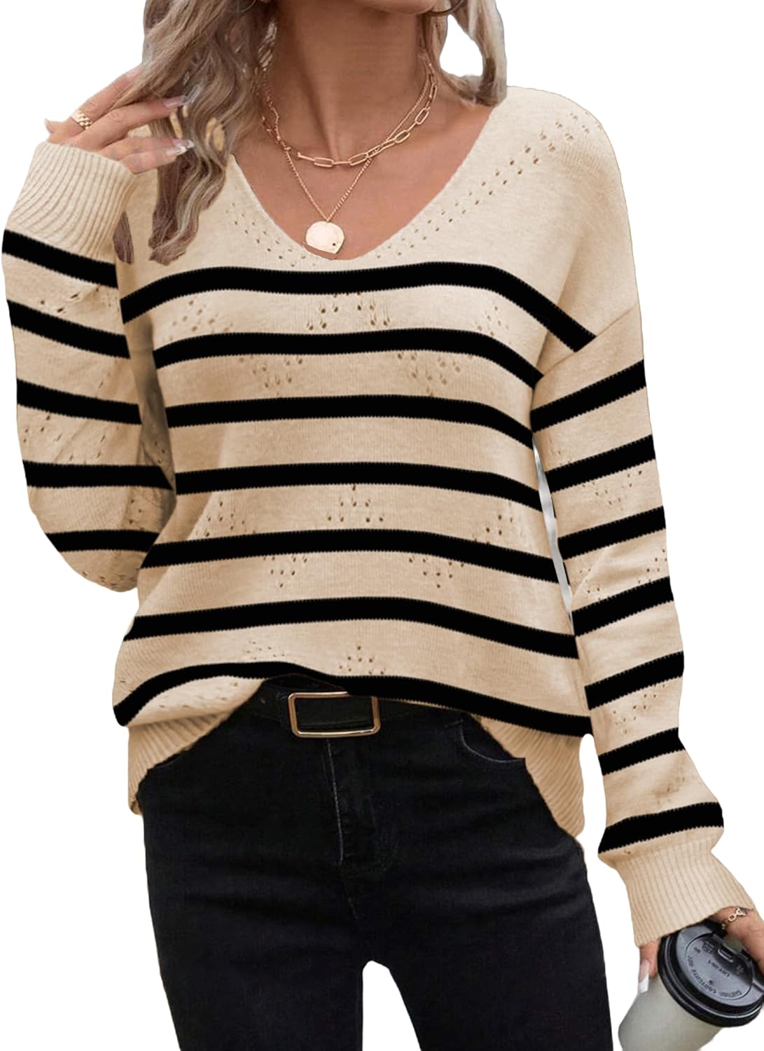 Trendy Casual Long Sleeve V Neck Off Shoulder Sweater for Women