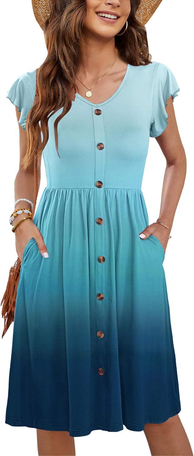 WNEEDU Women Summer Dresses Casual Loose Swing Midi Dress