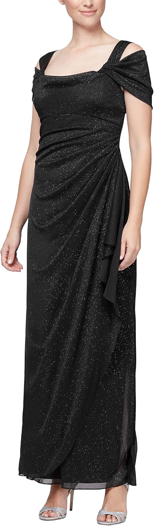Alex Evenings Women's Long Glitter Mesh Cold Shoulder Dress Review
