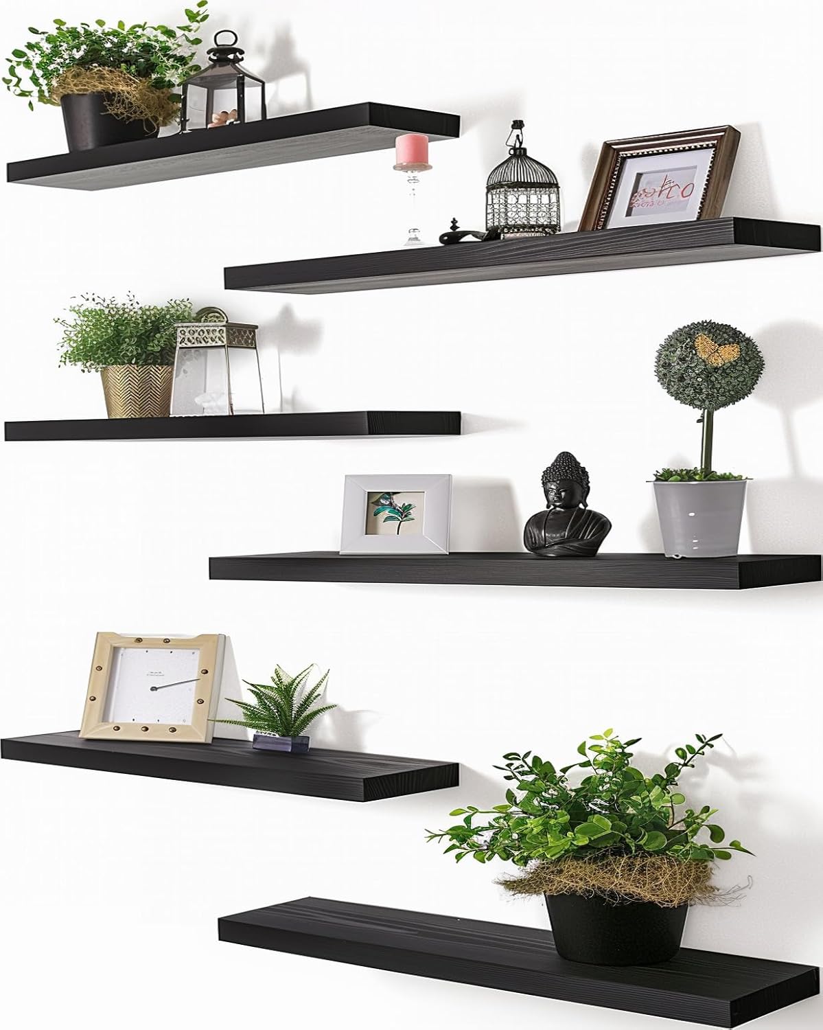 PHPH 24 Inch Wood Floating Shelves for Wall - Set of 6 Black