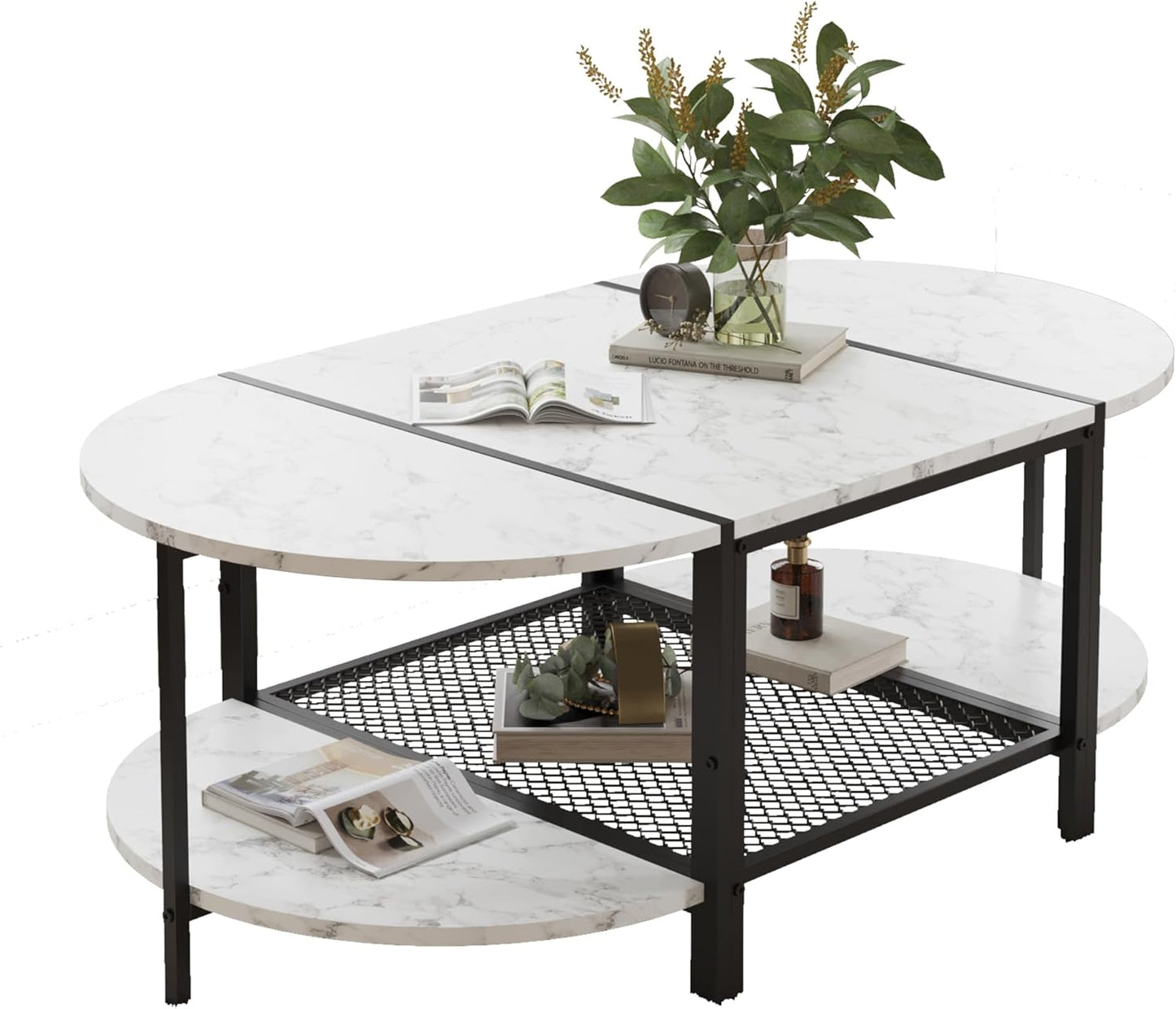 SENIG Oval Coffee Table with Faux Marble Top and Storage