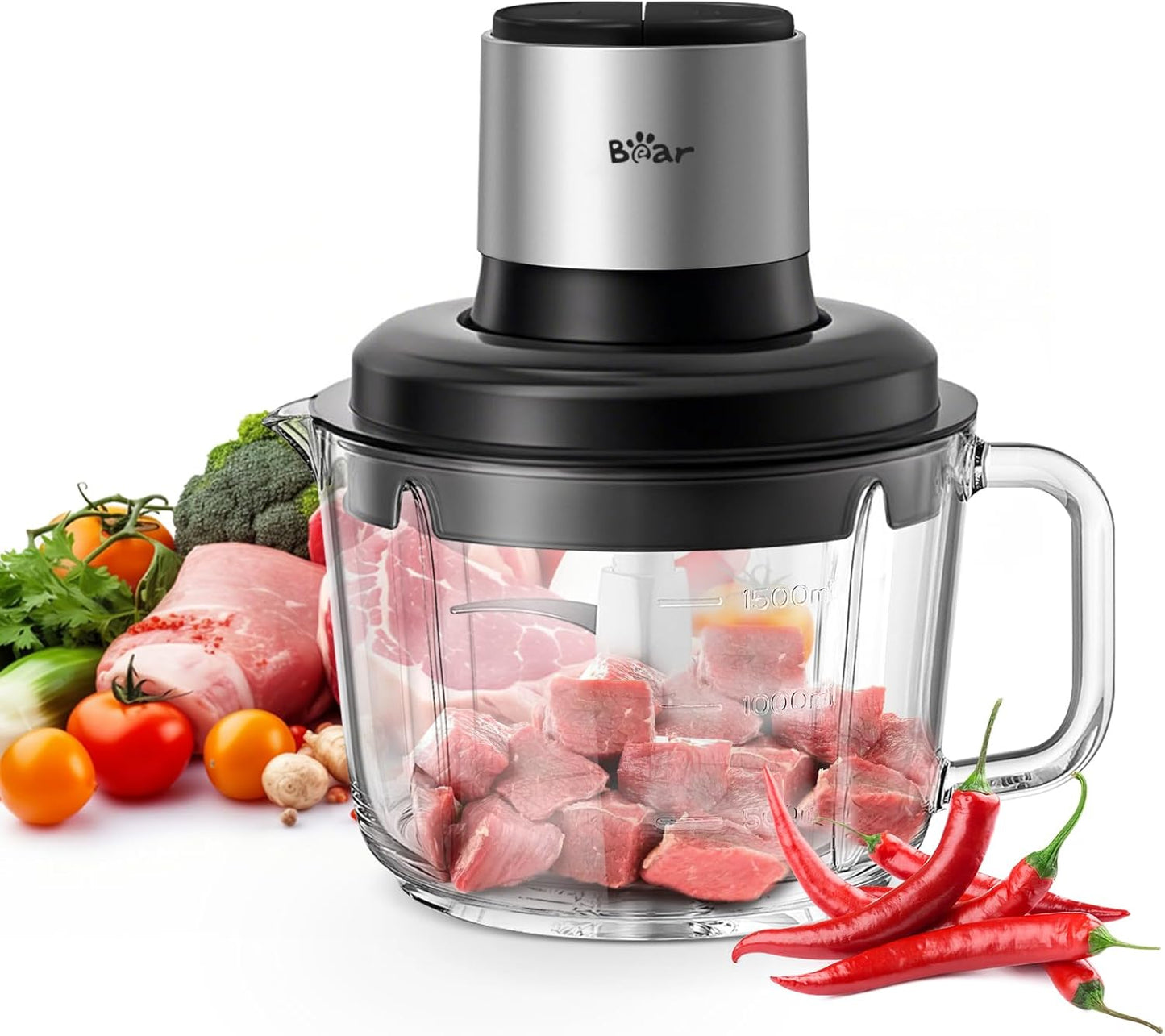 Bear Food Processor with 8 Cup Glass Bowl and Bi-level Blades