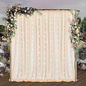 10x10ft Champagne Sheer Backdrop Curtains with Lights for Events