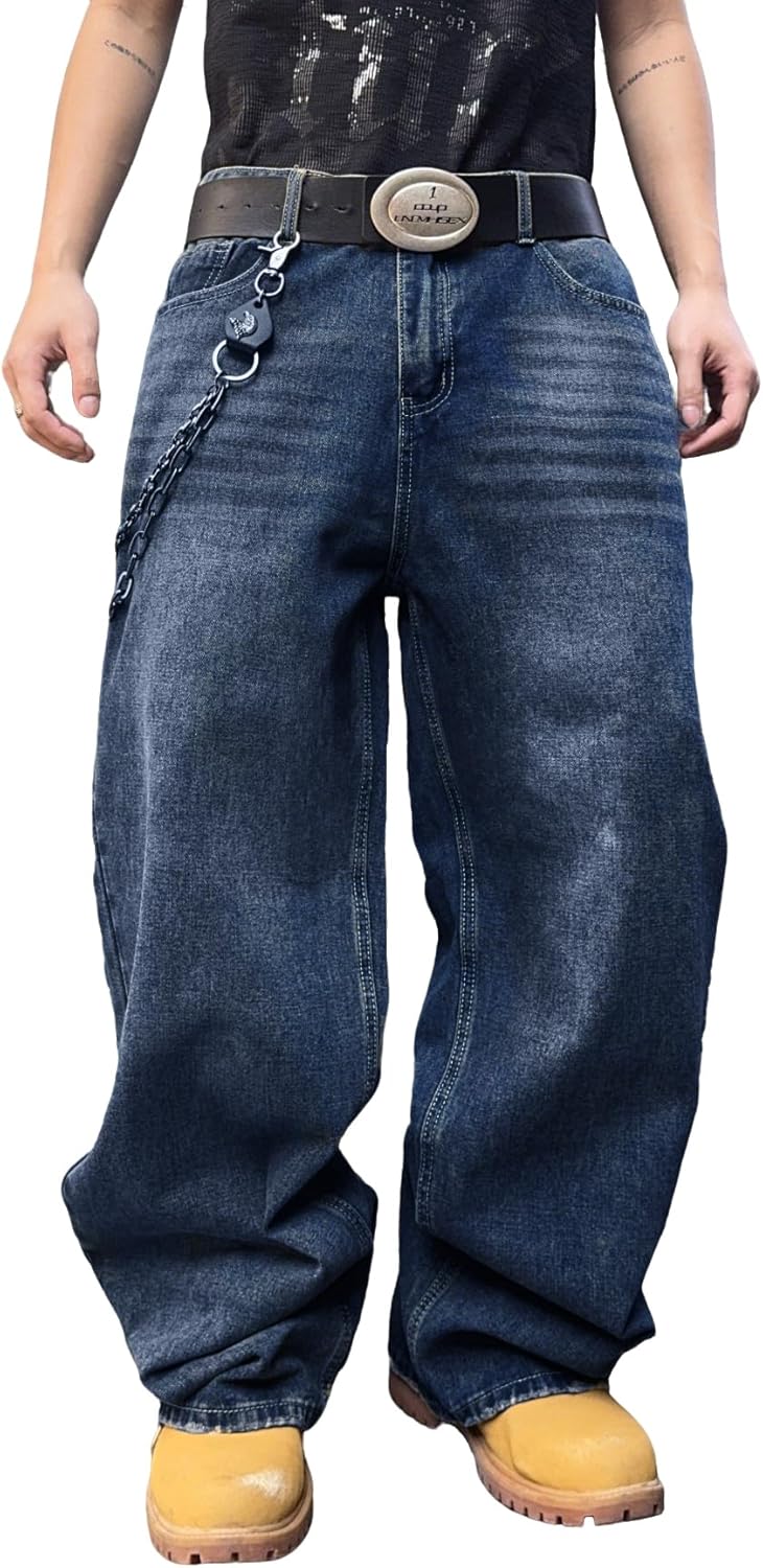 Mens Streetwear Baggy Jeans Wide Leg Skater Denim Pants