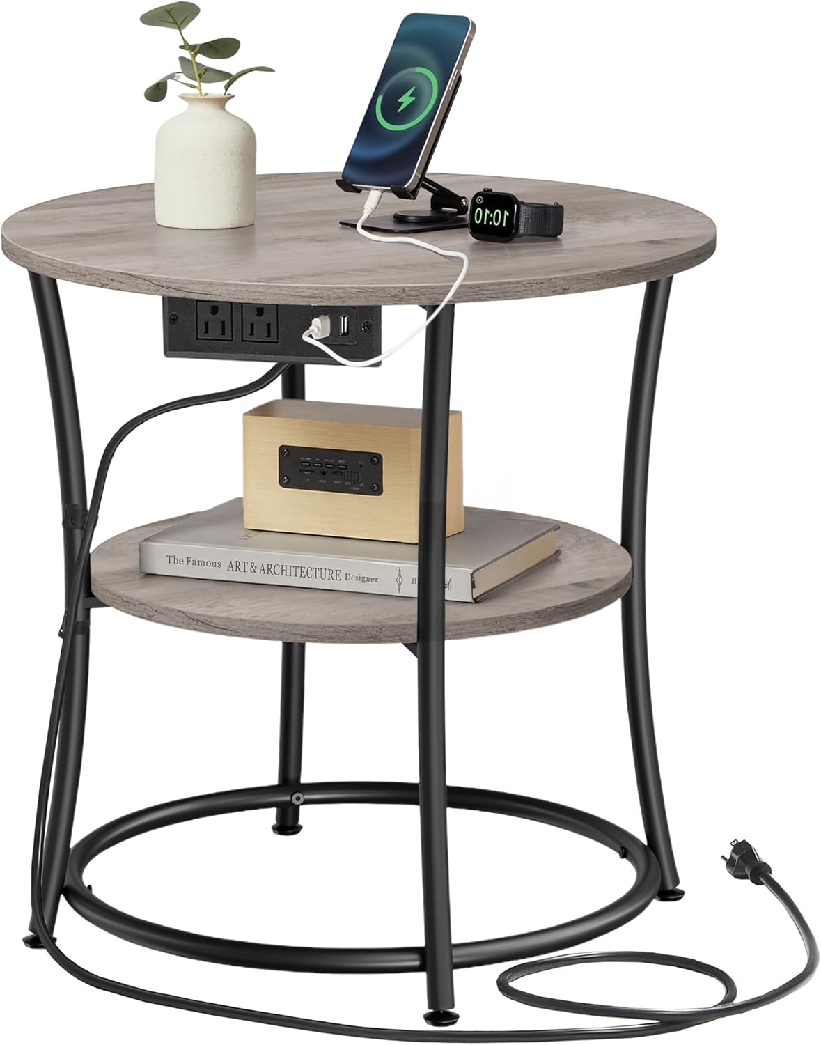 VASAGLE 2-Tier Round End Table with Power Outlets for Small Spaces