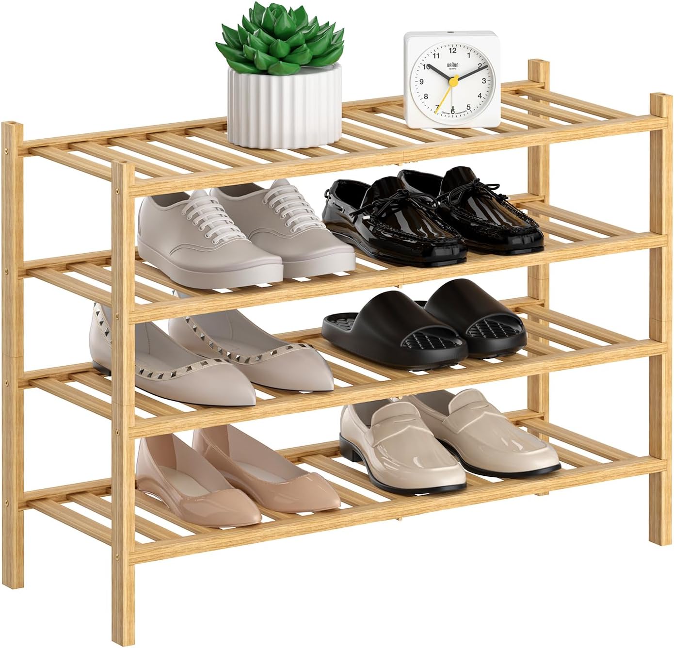 4 Tier Bamboo Shoe Rack for Closet - Stackable Wooden Organizer
