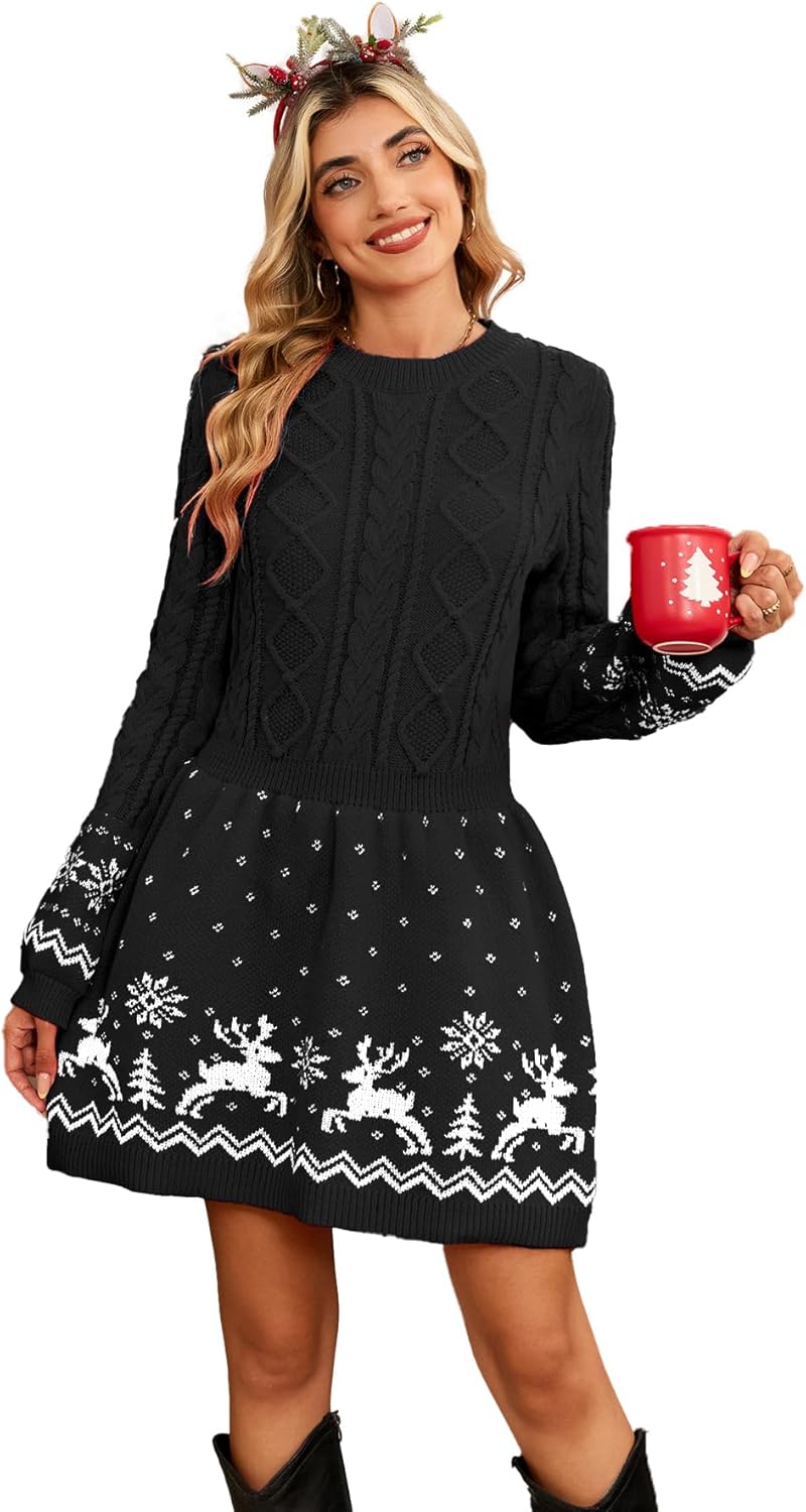 SunnyMelody Womens Christmas Sweater Dress with Reindeer Design