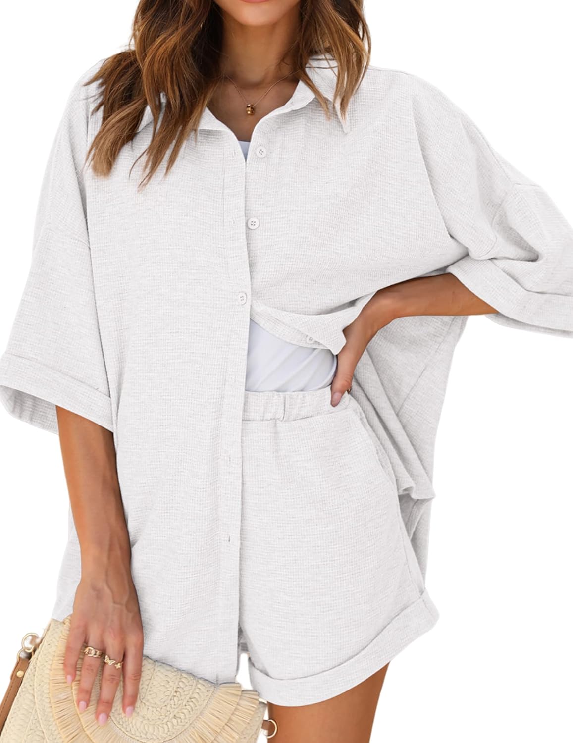 Ekouaer Waffle Knit Lounge Sets for Women - Cozy Pajama Set