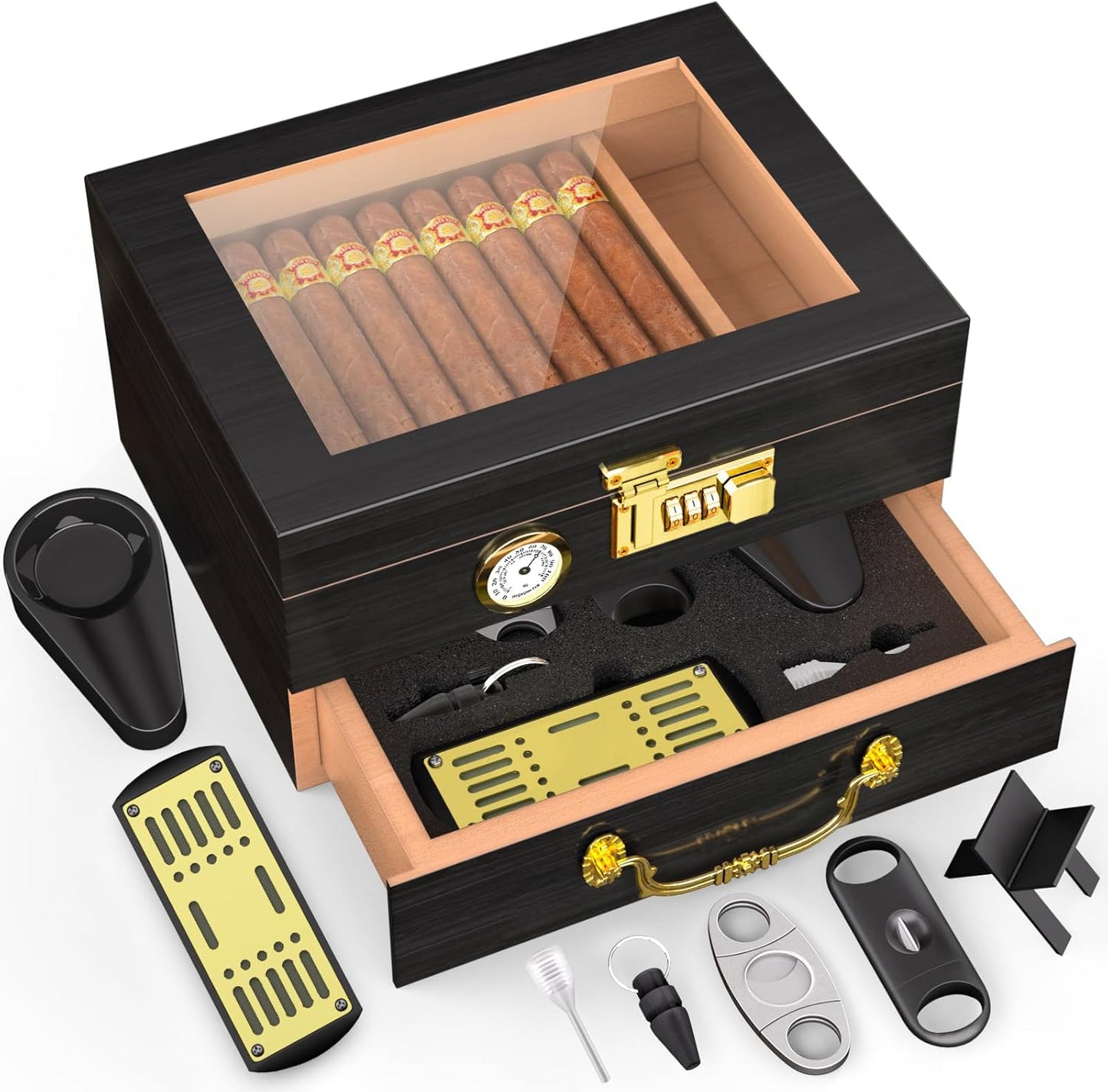 Lockable Cigar Humidor with Cedar Lining and Complete Accessories