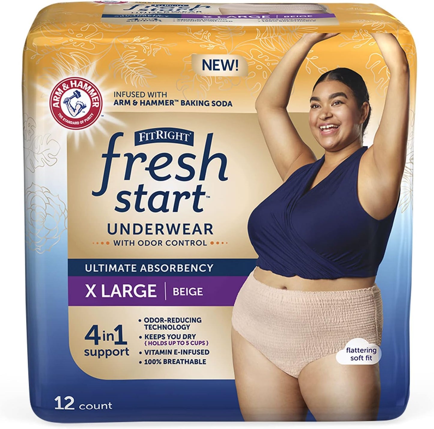 FitRight XL Beige Incontinence Underwear - Ultimate Absorbency with ARM & Hammer Power