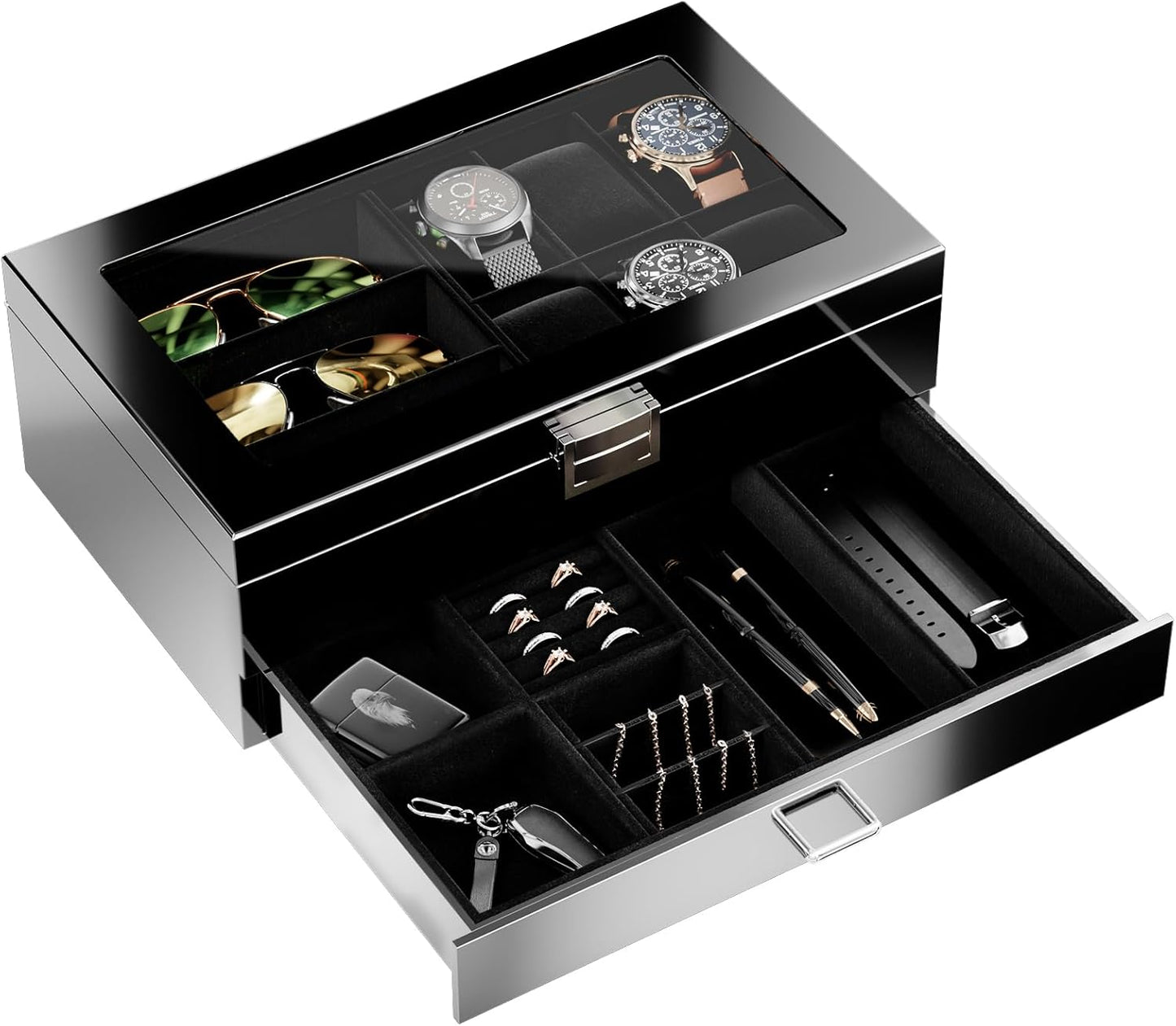 ProCase Men's Wooden Jewelry Box - 2-Tier Watch & Sunglasses Organizer