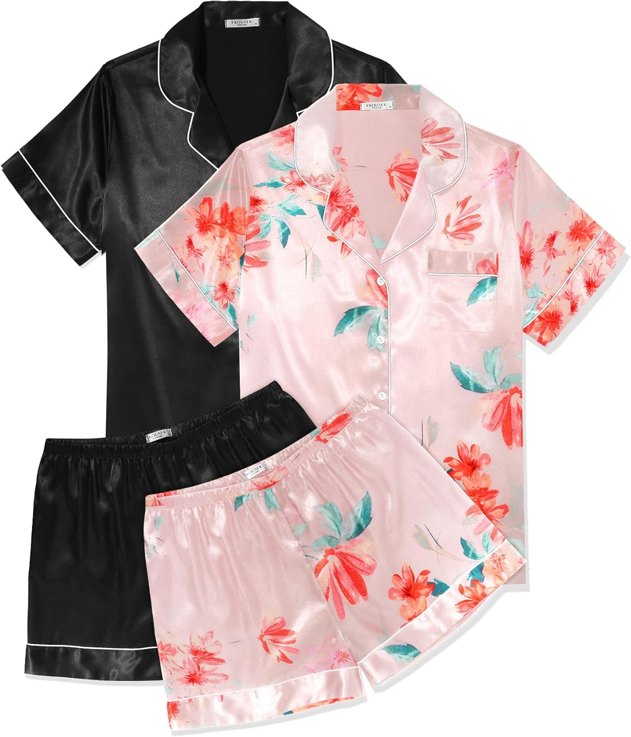 Ekouaer Womens Pajama Sets Silk Satin Short Sleeve Sleepwear