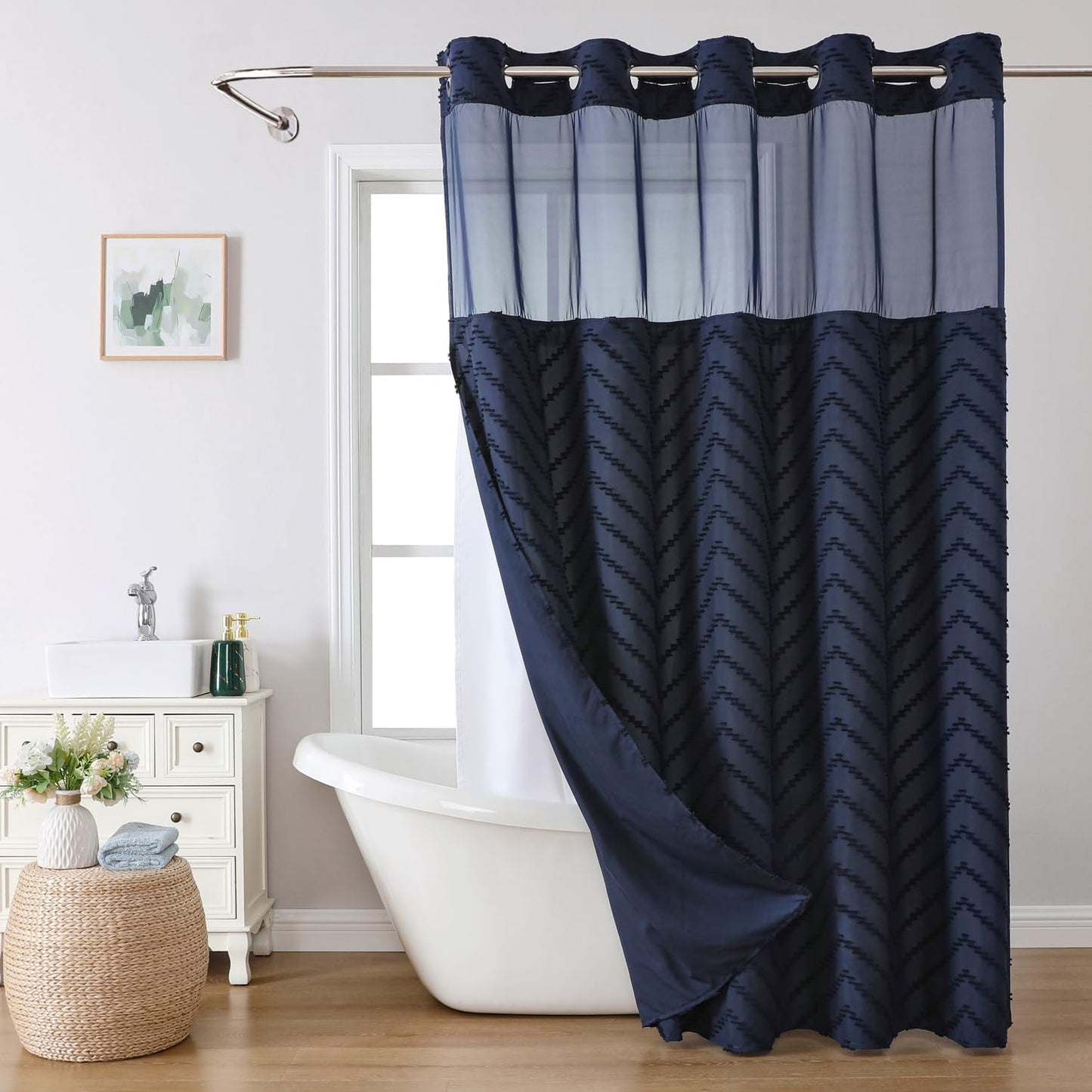 Navy Blue Tufted Chevron Striped Shower Curtain with Liner Set