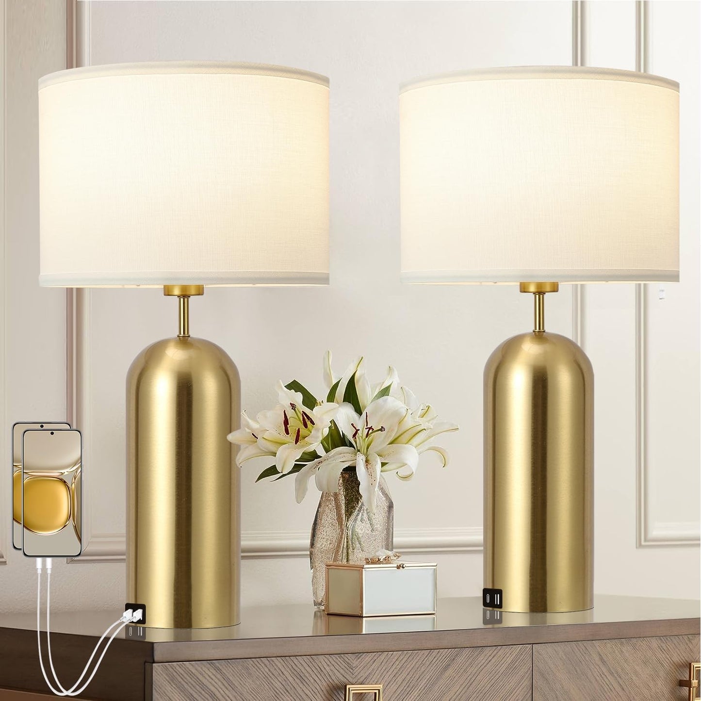 Gold Lamps Set of 2 Touch Control Dimmable Nightstand Lamps