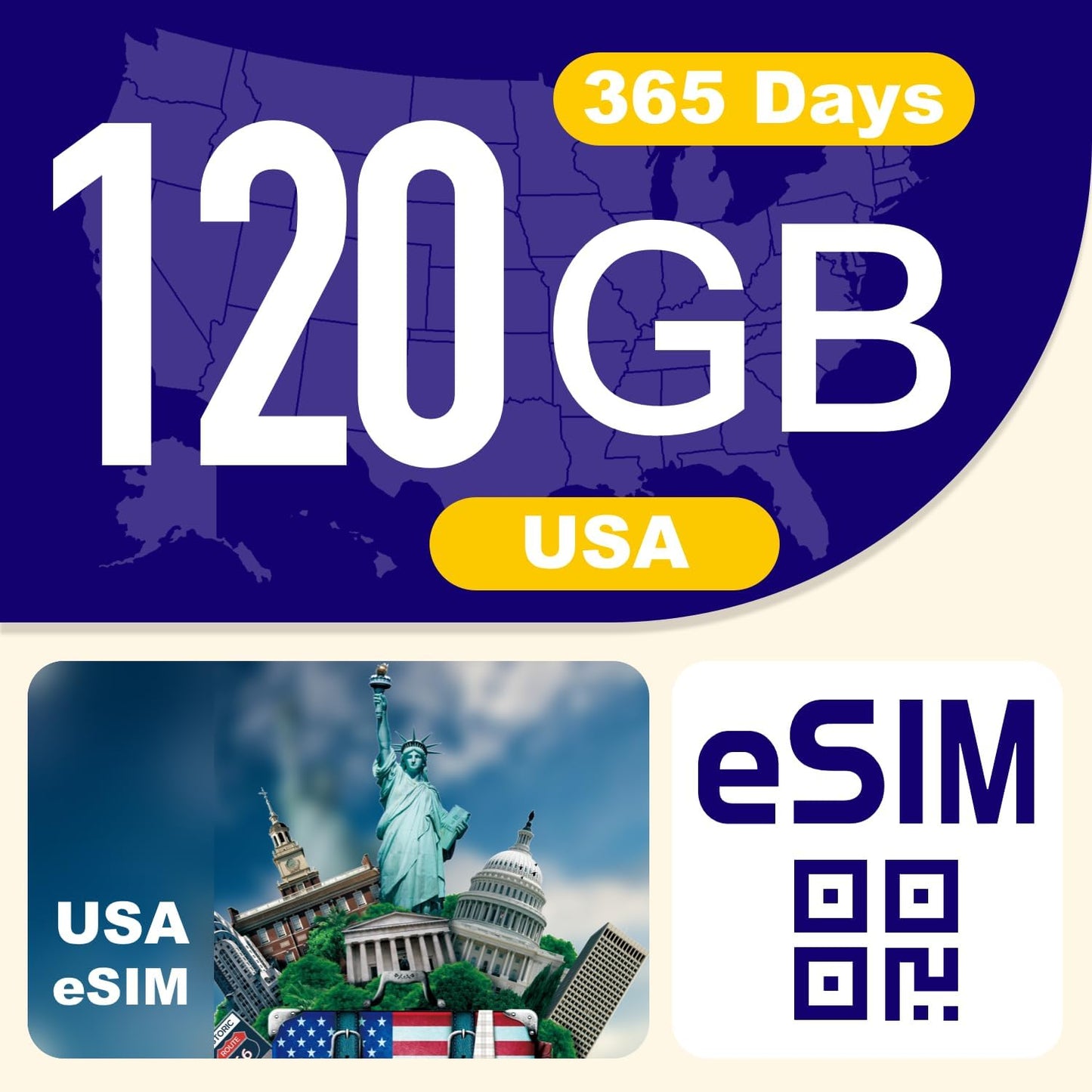 eSIM Card USA Prepaid 120GB 365Days for Unlocked Devices